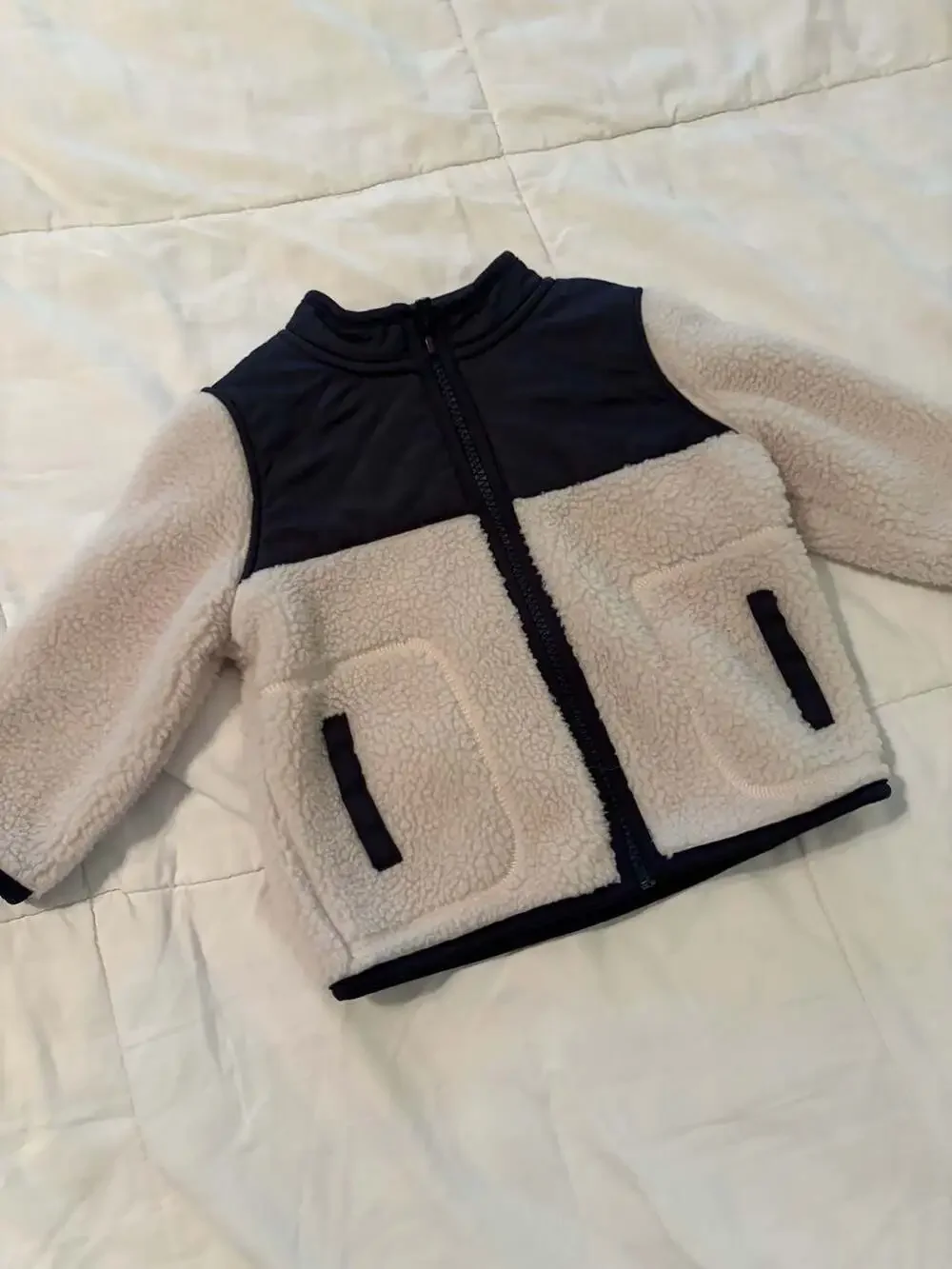 Old Navy Baby Sherpa and Quilted Fleece Zip-Up Jacket Size 6-12M Cream Navy